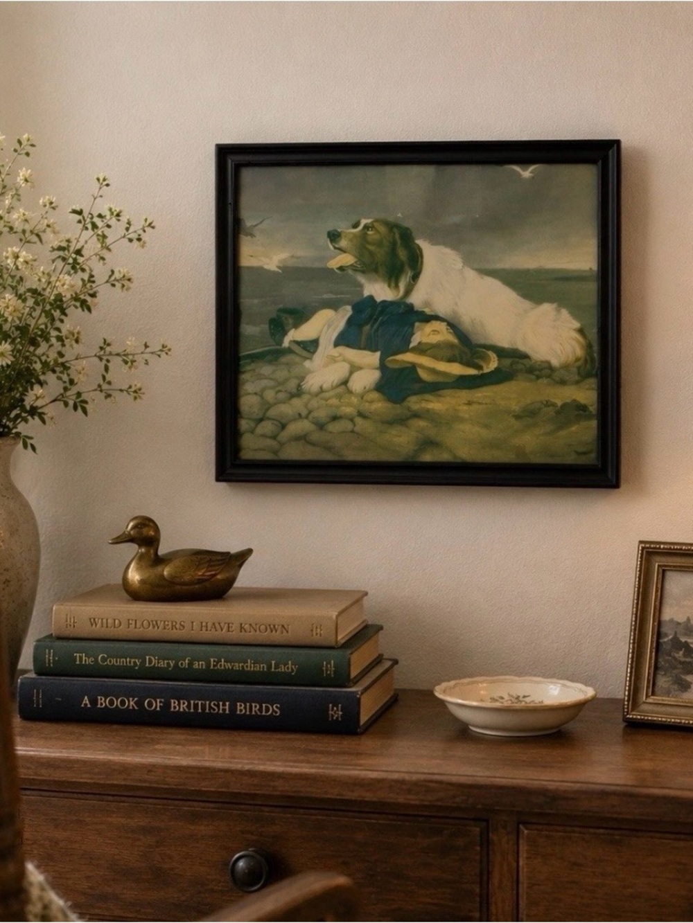 Vintage Framed St Bernard Dog Guarding Sleeping Children Beach Print Cottage Art